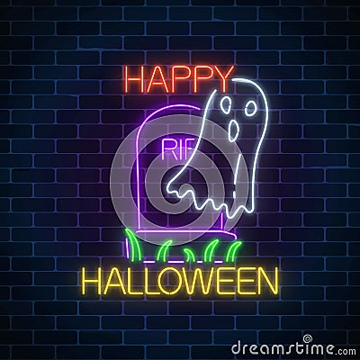 Glowing neon sign of halloween banner design with ghost from grave. Bright halloween scary wraith sign in neon style. Vector Illustration