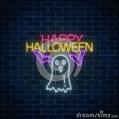 Glowing neon sign of halloween banner design with ghost silhouette and bats. Bright halloween scary sign neon style. Vector Illustration