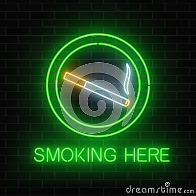 Glowing neon sign of smoking place on dark brick wall of nightclub or bar. Nicotine and smoke cigarettes site. Vector Illustration