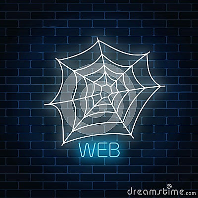 Glowing neon sign of spyder web banner design. Bright halloween night scary sign neon style. Vector Illustration