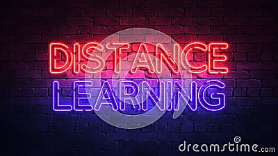 Glowing neon sign with the words DISTANCE LEARNING. purple and red glow and brick wall on the background 3d render Cartoon Illustration