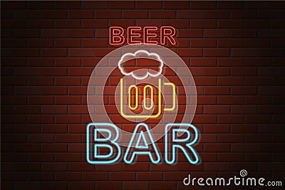 Glowing neon signboard beer bar vector illustration Vector Illustration