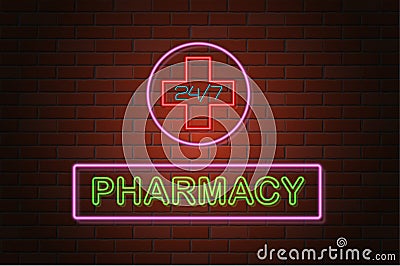 Glowing neon signboard pharmacy vector illustration Vector Illustration