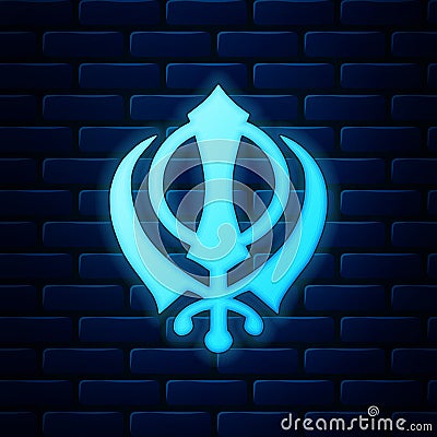 Glowing neon Sikhism religion Khanda symbol icon isolated on brick wall background. Khanda Sikh symbol Vector Illustration