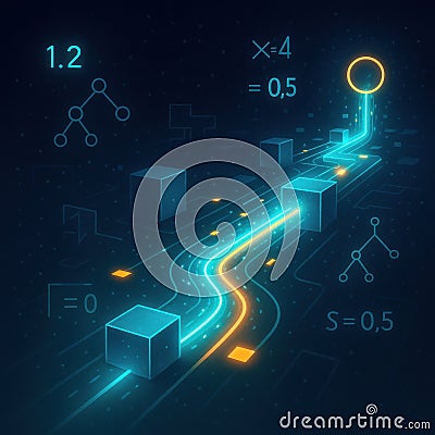 A glowing neon stream flows through futuristic 3D data blocks, surrounded by digital math and schematic symbols in motion Stock Photo