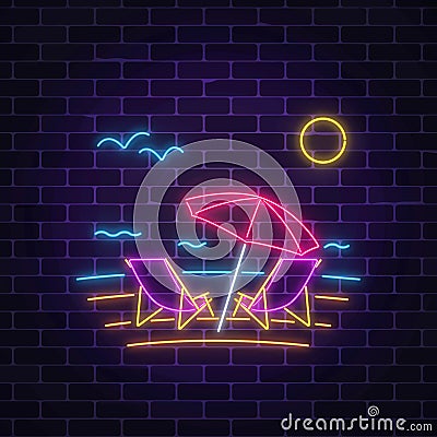 Glowing neon summer sign with chaise lounges, beach umbrella, ocean and gulls on dark brick wall background. Vector Illustration