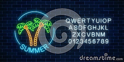 Glowing neon summer sign with two palms, text in round frame and alphabet. Shiny summertime symbol with letters. Vector Illustration