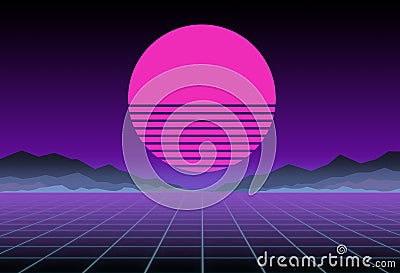 Glowing neon, synthwave and retrowave background template. Retro video games, futuristic design, rave music, 80s Stock Photo