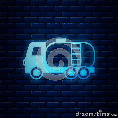 Glowing neon Tanker truck icon isolated on brick wall background. Petroleum tanker, petrol truck, cistern, oil trailer Vector Illustration