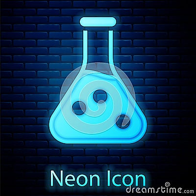 Glowing neon Test tube and flask chemical laboratory test icon isolated on brick wall background. Laboratory glassware Vector Illustration