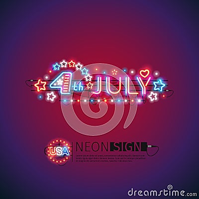 Glowing Neon 4th July Sign Vector Illustration