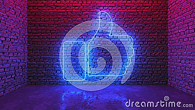 Glowing neon thumb up or like on brick wall in dark room Cartoon Illustration