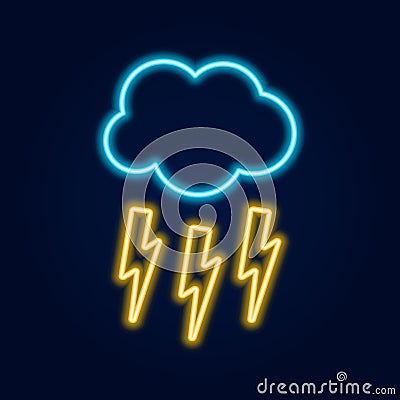 Glowing neon thunderstorm weather icon. Storm symbol with cloud and lightning in neon style Stock Photo