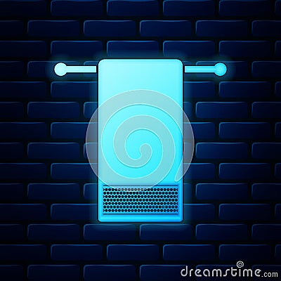 Glowing neon Towel on a hanger icon isolated on brick wall background. Bathroom towel icon. Vector Vector Illustration