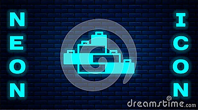 Glowing neon Toy building block bricks for children icon isolated on brick wall background. Vector Vector Illustration