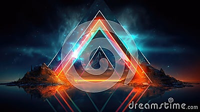 Glowing neon triangle frame over abstract landscape. Generative AI weber. Stock Photo