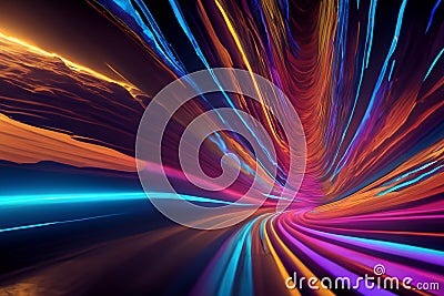 glowing neon tunnel room pattern outerspace rainbow 3d space lines glow Stock Photo