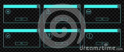 Glowing neon UI set of the error messages Vector Illustration