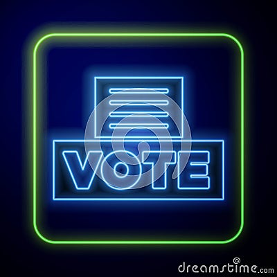 Glowing neon Vote box or ballot box with envelope icon isolated on blue background. Vector Vector Illustration