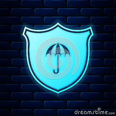 Glowing neon Waterproof icon isolated on brick wall background. Shield and umbrella. Water protection sign. Water Vector Illustration
