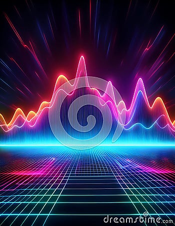Glowing neon waves pulse in an equalizer chart pattern against a dark background in a vibrant digital display Stock Photo