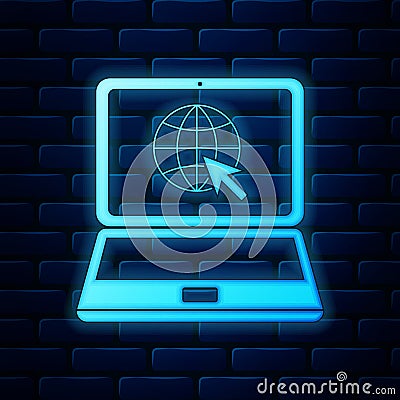 Glowing neon Website on laptop screen icon isolated on brick wall background. Laptop with globe and cursor. World wide Vector Illustration