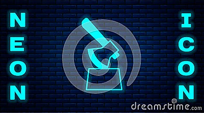 Glowing neon Wooden axe in stump icon isolated on brick wall background. Lumberjack axe. Axe stuck in wood. Chopping Vector Illustration