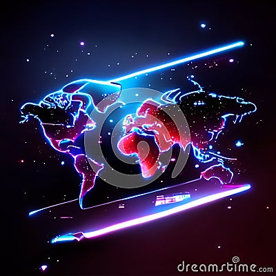 Glowing neon world map on a dark background. Vector illustration. Generative AI Cartoon Illustration
