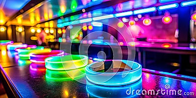 Glowing neon wristbands on a club s front desk Creative AI Stock Photo