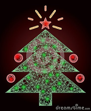 Glowing Net Mesh Christmas Fir Tree with Lightspots Vector Illustration