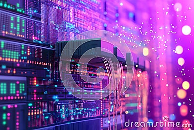 Glowing network grid with colorful Ethernet cables connected to servers representing secure data transmission high speed commun Cartoon Illustration