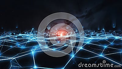 Glowing network grid connecting tall urban structures, minimalist design, cool tone, vector look, isometric view Stock Photo