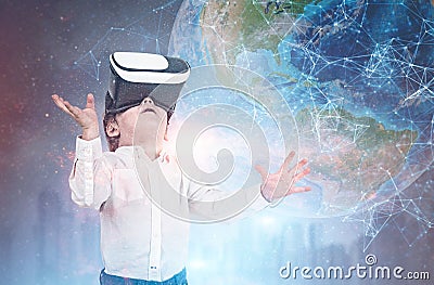 Glowing network interface, planet, boy VR glasses Stock Photo