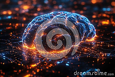 Glowing Neural Network, Human Brain, Synapse, Nerve Signal Connections, Scientific Data, Futuristic Visualization Stock Photo