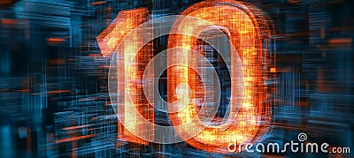 Glowing number 10 in digital abstract background design symbolizing futuristic technololgy concept. Stock Photo