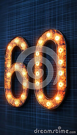 Glowing Number Sixty, Illuminated Retro-Style Digits on a Futuristic Abstract Digital Background Stock Photo