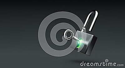 Glowing open lock with key on dark background Stock Photo