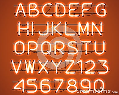 Glowing Orange Neon Alphabet. Cartoon Illustration