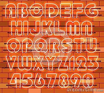 Glowing Orange Neon Alphabet. Stock Photo