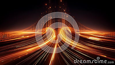 Glowing orange streams of data curve and flow, suggesting a dynamic exchange of digital information in a technological space Stock Photo
