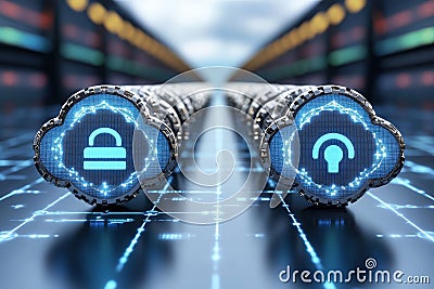 Glowing padlocks on a network server symbolizing secure cloud storage encrypted data transfer and advanced information protecti Cartoon Illustration