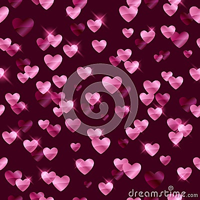 Glowing pink hearts sequins background. Vector Illustration