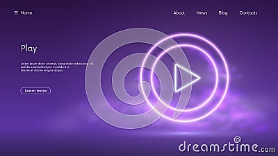 Glowing play button sign, start video mark in circle, live streaming media, futuristic technology with violet neon glow in the Vector Illustration