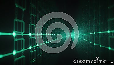 Glowing protected chain use as a copyright protected line, in matrix flowing data, Stock Photo