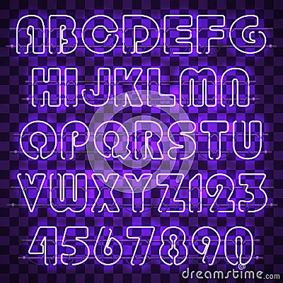 Glowing purple neon alphabet and digits. Vector Illustration