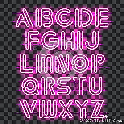 Glowing Purple Neon Alphabet. Stock Photo