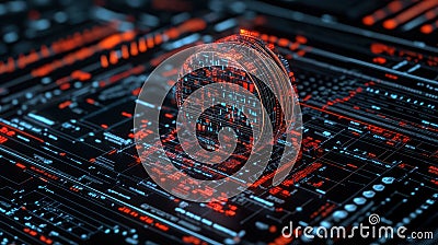 A glowing red core is at the heart of a futuristic data interface, surrounded by sophisticated digital displays and analytics, Stock Photo