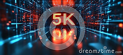 Glowing Red 5K Symbol In Abstract Digital Space Background Representing Big Data And Technology Stock Photo