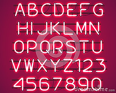 Glowing Red Neon Alphabet. Cartoon Illustration