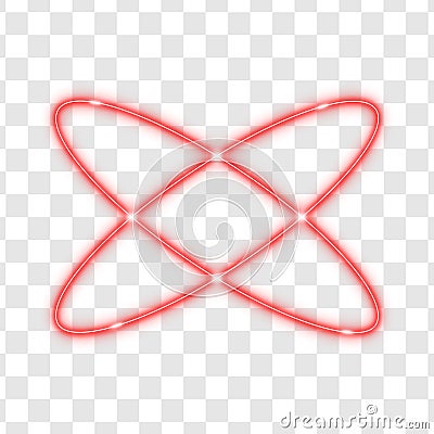 Glowing red neon circular star shape with intersecting elliptical light trails and spark points on transparent background Stock Photo